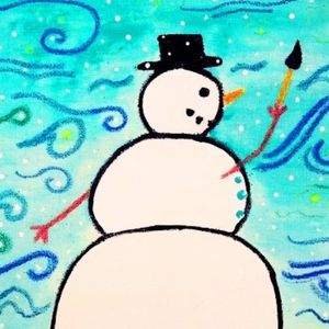snowman painted on canvas with Starry Night in background
