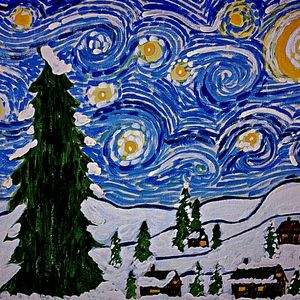 Image of a wintery scene in the style of Van Gogh's Starry Night