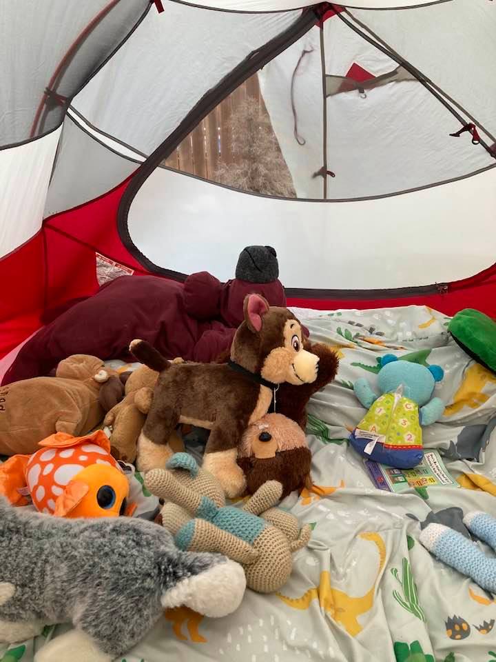 Inside of a tent filled with stuffies and blankets
