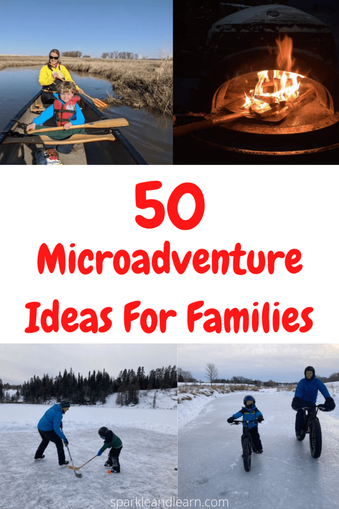 Families canoeing, skating on a pond, biking in the winter and cooking on a fire.